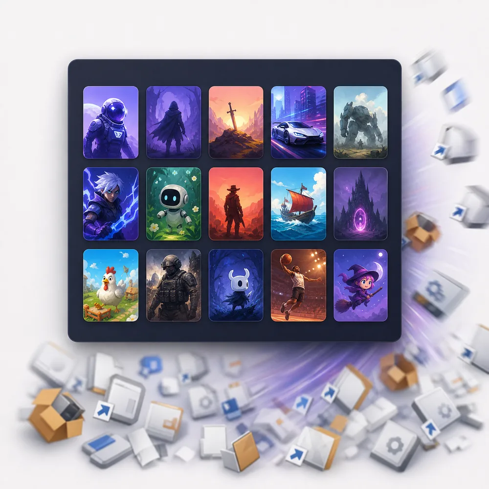 A neat grid of game covers in one unified library, replacing scattered duplicate installers