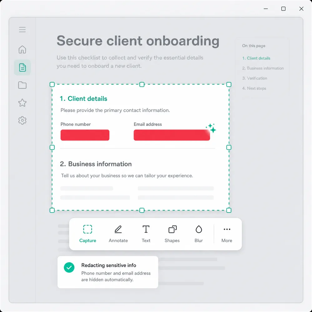 A screenshot with sensitive info like phone and email automatically redacted in real time